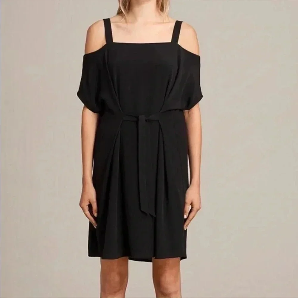 all saints off shoulder dress All Saints black off the shoulder mini dress